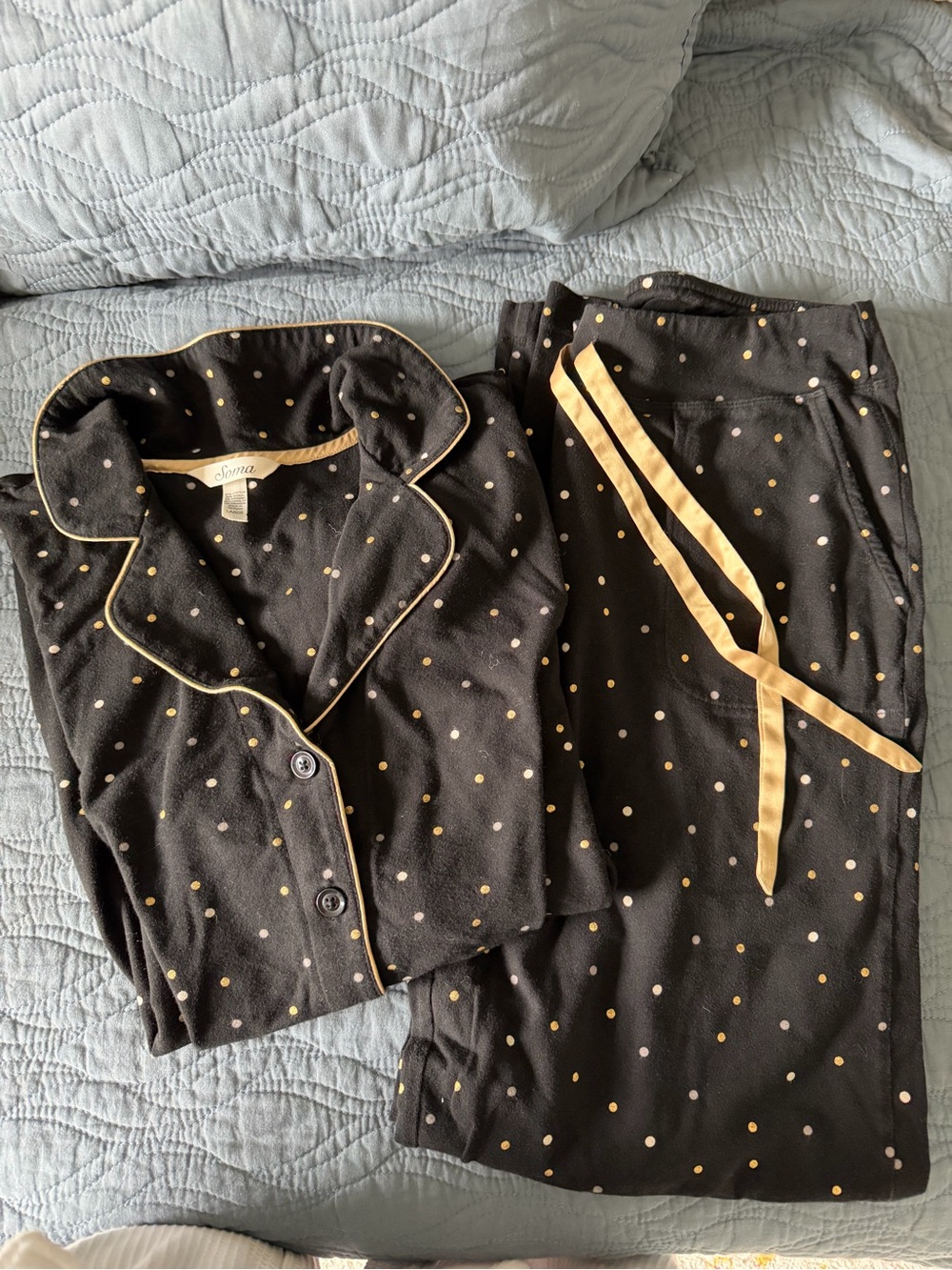 Soma Black Pajama Set with Gold Polka Dots